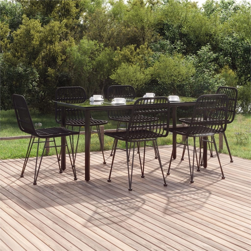 Bowery Hill Poly Rattan/Steel/Tempered Glass Standard Garden Dining Set in Black