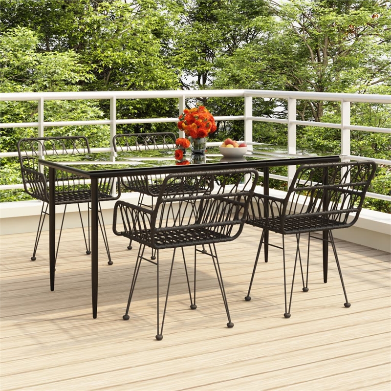 Bowery Hill Poly Rattan & Tempered Glass Medium Garden Dining Set in Black
