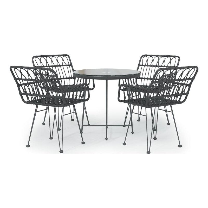 Bowery Hill Poly Rattan & Tempered Glass Medium Garden Dining Set in Black