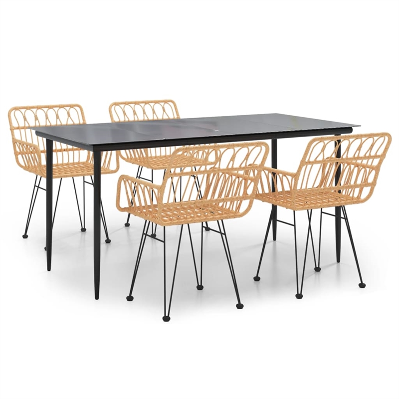 Bowery Hill Polyethylene Rattan & Tempered Glass Garden Dining Set in Black
