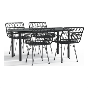 Bowery Hill Poly Rattan & Tempered Glass Medium Garden Dining Set in Black