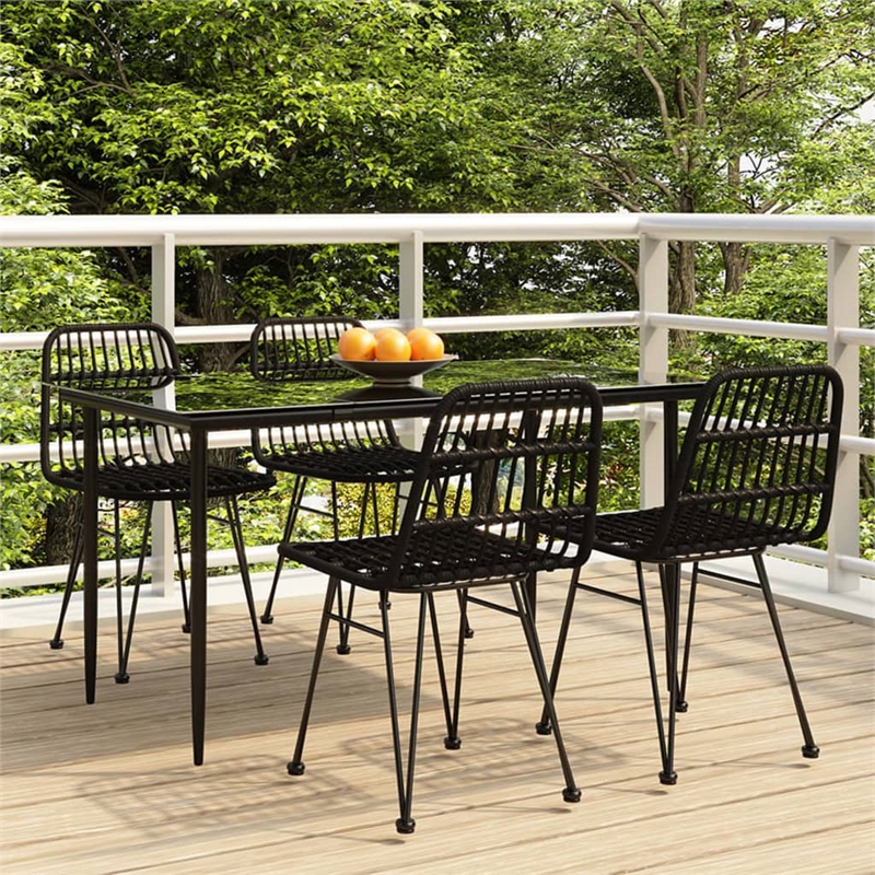 Bowery Hill Poly Rattan & Tempered Glass Medium Garden Dining Set in Black