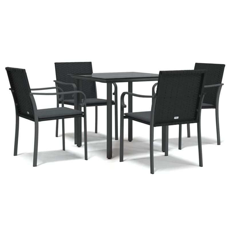Bowery Hill Poly Rattan/Steel/Tempered Glass Garden Dining Set in Black
