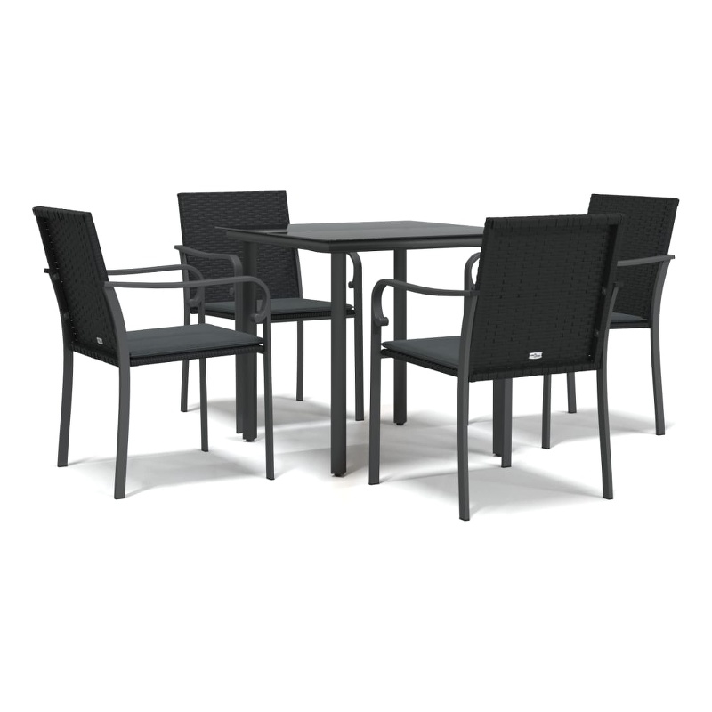 Bowery Hill Poly Rattan/Steel/Tempered Glass Garden Dining Set in Black