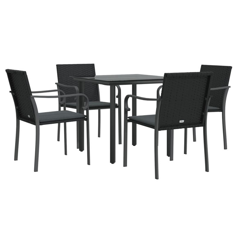 Bowery Hill Poly Rattan/Steel/Tempered Glass Garden Dining Set in Black