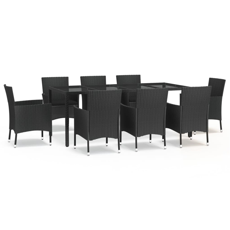 Bowery Hill Contemporary 9 Piece Poly Rattan Patio Dining Set in Black
