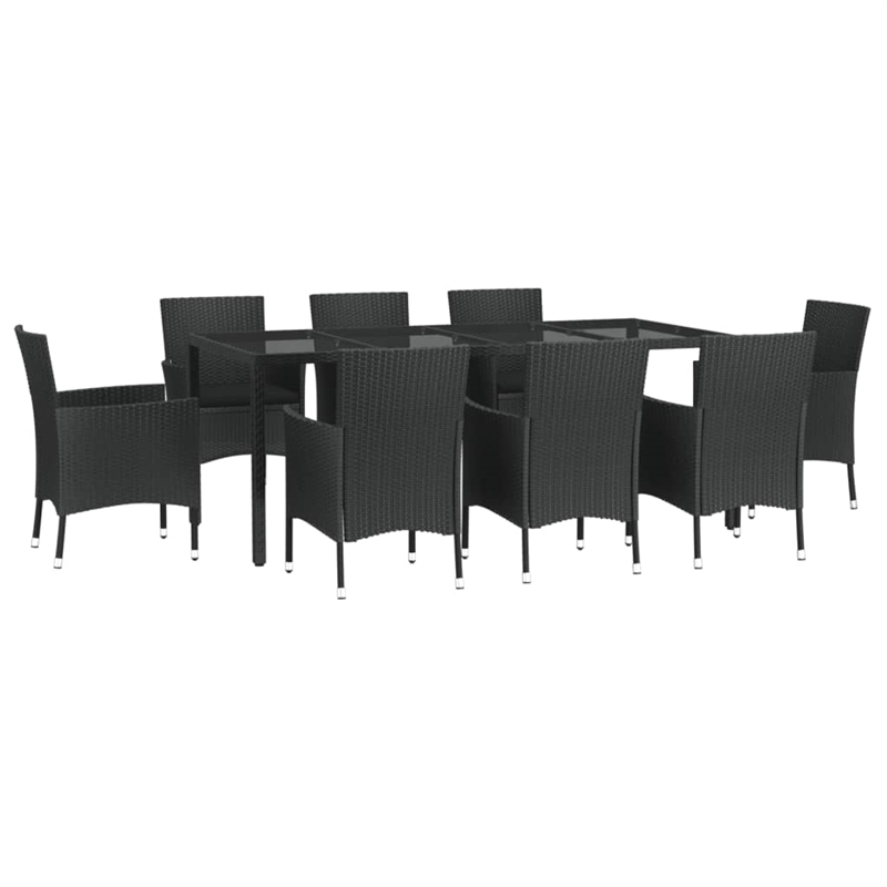Bowery Hill Contemporary 9 Piece Poly Rattan Patio Dining Set in Black