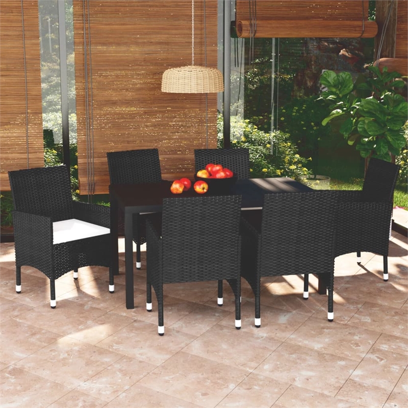 Bowery Hill PE Rattan 7 Piece Set Lightweight Dining Set in Black