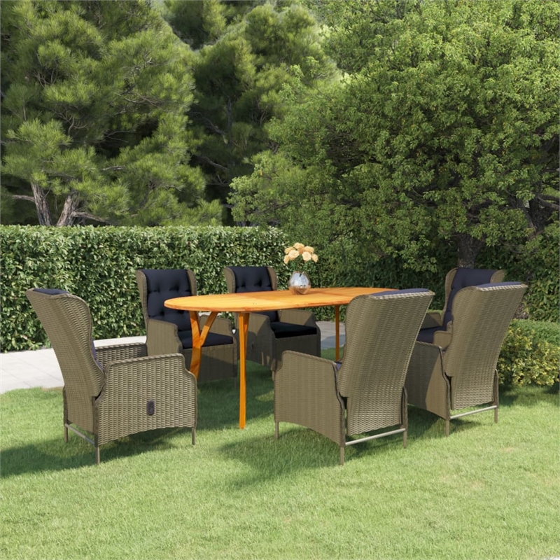 Bowery Hill Acacia Wood/PE Rattan/Steel Large Dining Set in Brown