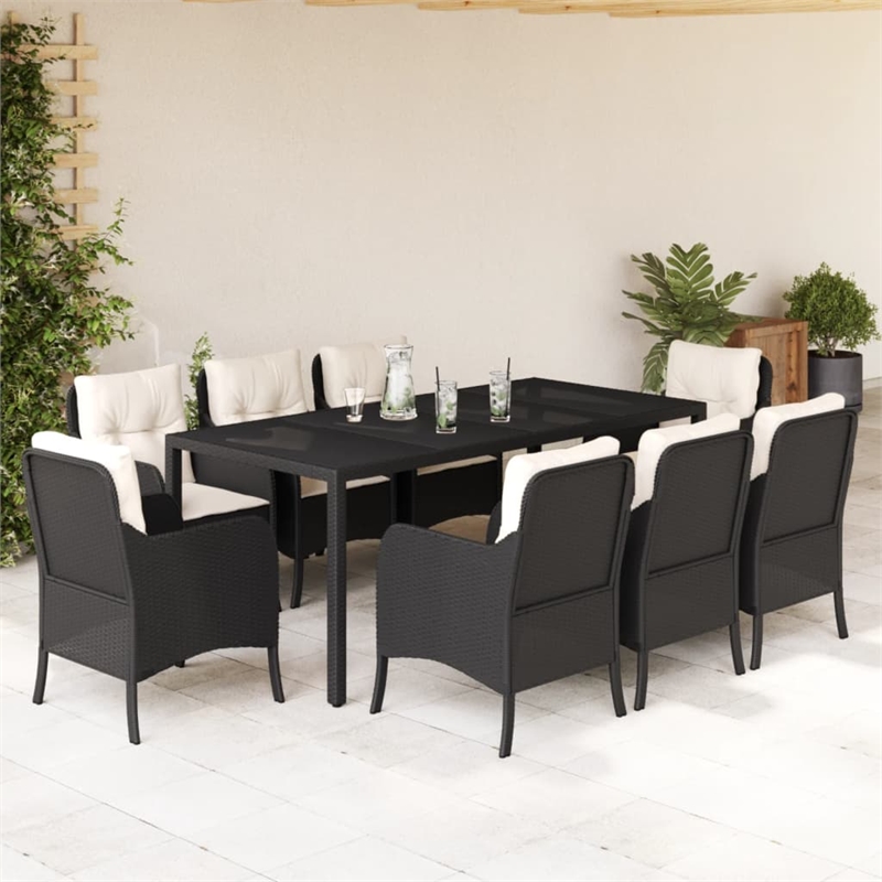 Bowery Hill Contemporary 9 Piece Poly Rattan Garden Dining Set in Black