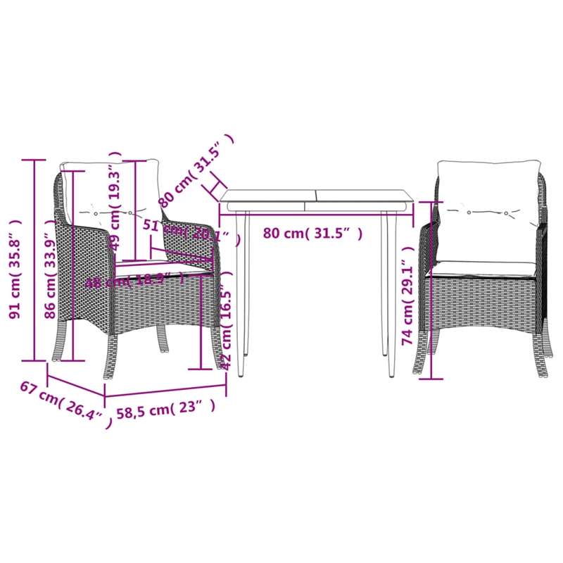 Bowery Hill 3 Piece Steel Garden Dining Set in Beige/Cream White/Black