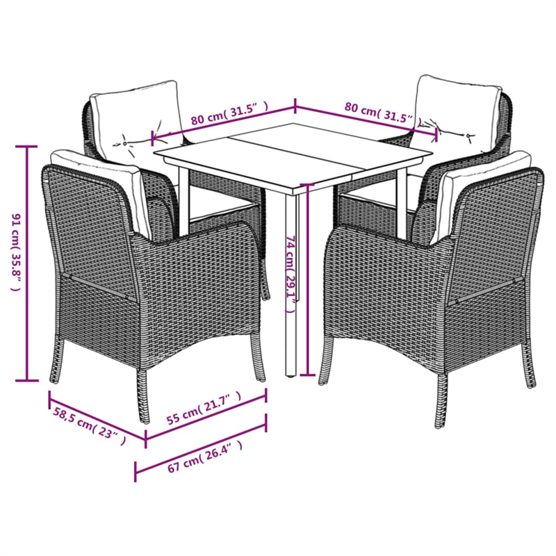 Bowery Hill Contemporary 5 Piece Poly Rattan Garden Dining Set in Black