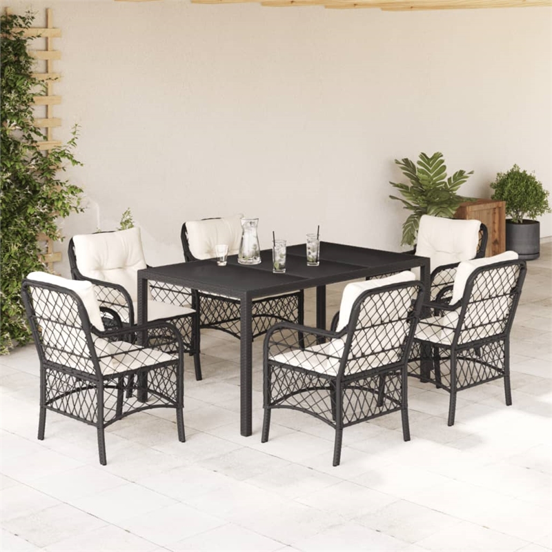 Bowery Hill 7 Piece Poly Rattan Garden Dining Set in Black/Cream White
