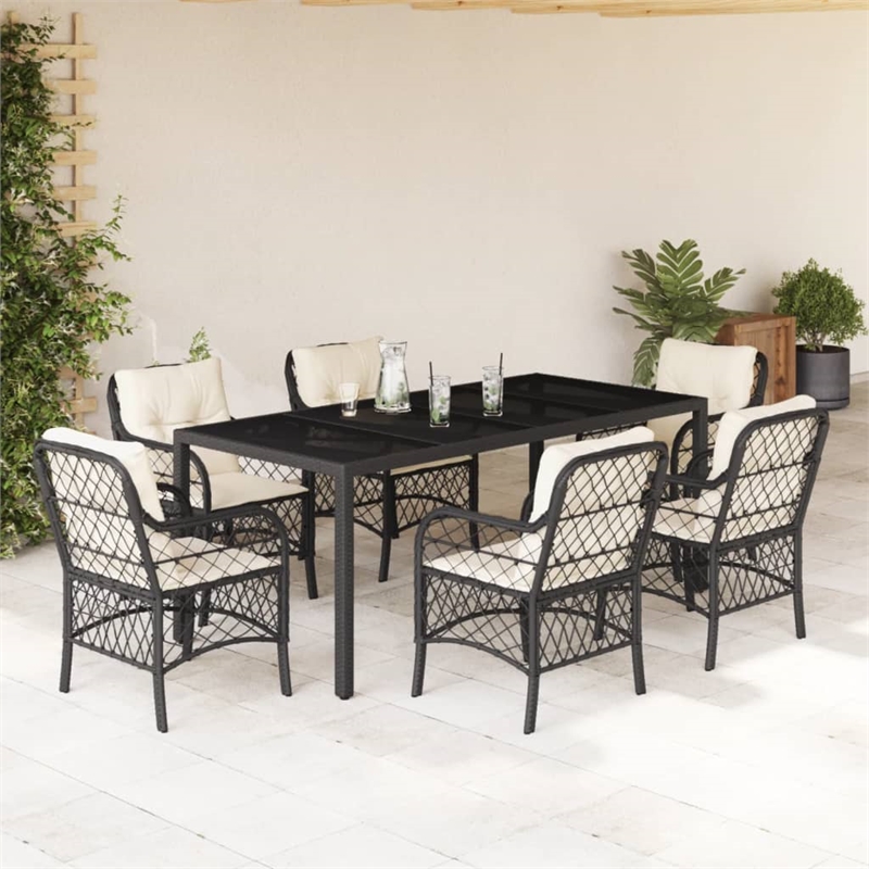 Bowery Hill 7 Piece Poly Rattan Garden Dining Set in Black/Cream White