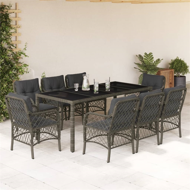 Bowery Hill Contemporary 9 Piece Poly Rattan Garden Dining Set in Gray