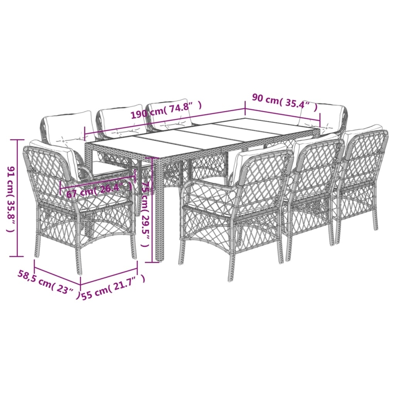 Bowery Hill Contemporary 9 Piece Poly Rattan Garden Dining Set in Gray
