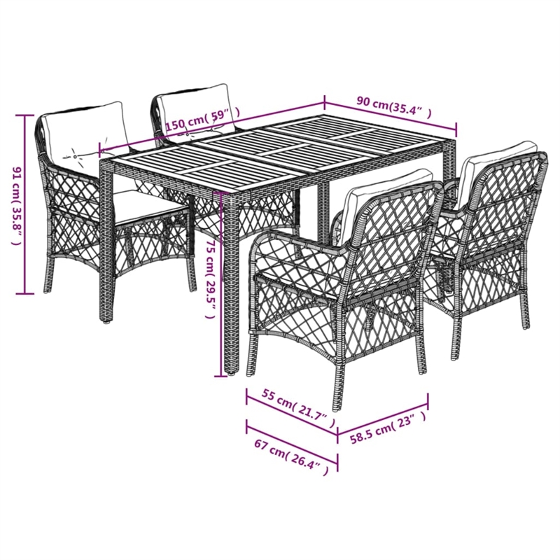 Bowery Hill 5 Piece Poly Rattan Garden Dining Set in Black/Cream