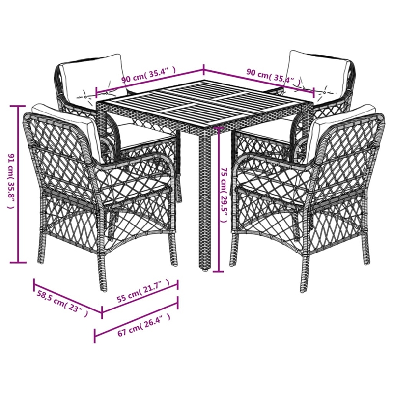 Bowery Hill Contemporary 5 Piece Poly Rattan Garden Dining Set in Gray
