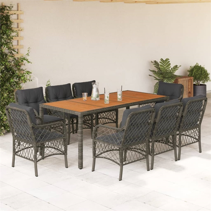 Bowery Hill Contemporary 9 Piece Rattan Garden Dining Set in Gray