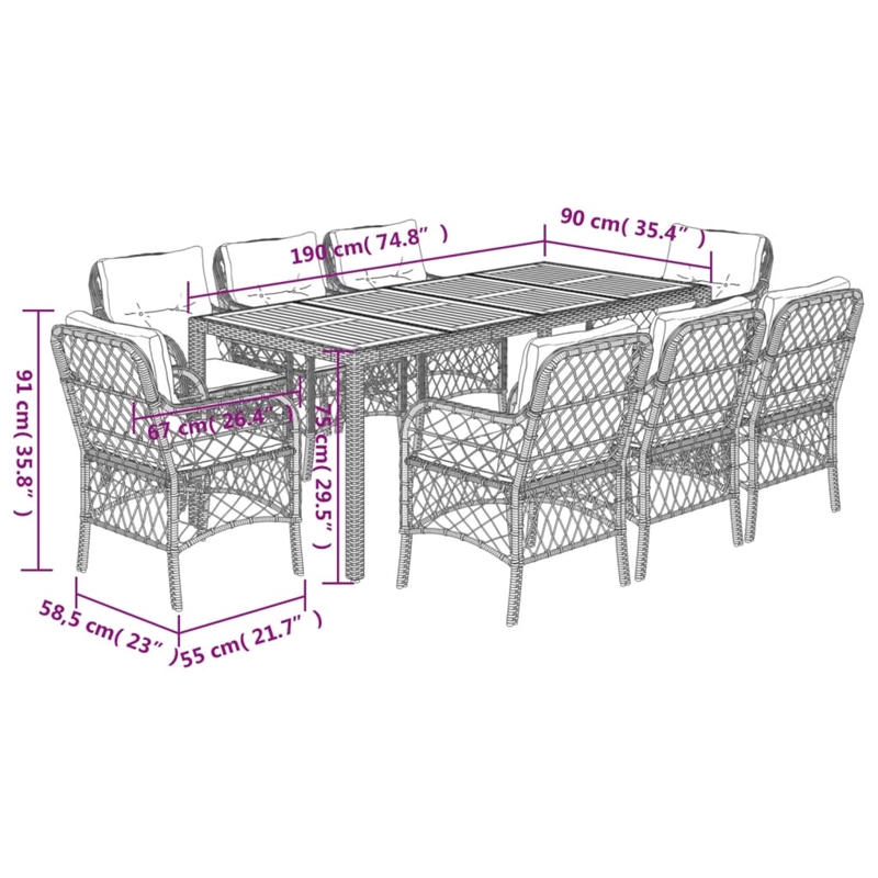 Bowery Hill Contemporary 9 Piece Rattan Garden Dining Set in Gray
