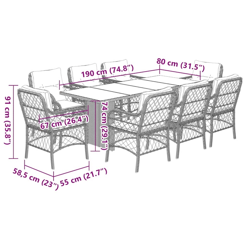 Bowery Hill Contemporary 9 Piece Poly Rattan Garden Dining Set in Gray