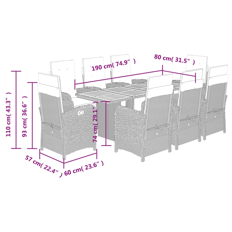 Bowery Hill Contemporary 9 Piece Rattan Garden Dining Set in Gray