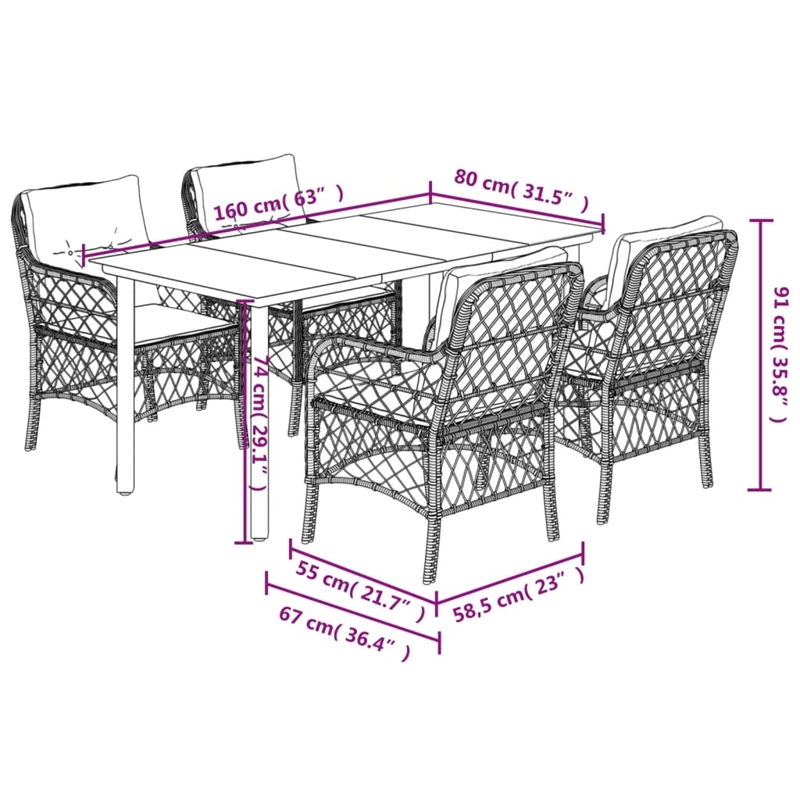 Bowery Hill Contemporary 5 Piece Poly Rattan Garden Dining Set in Black