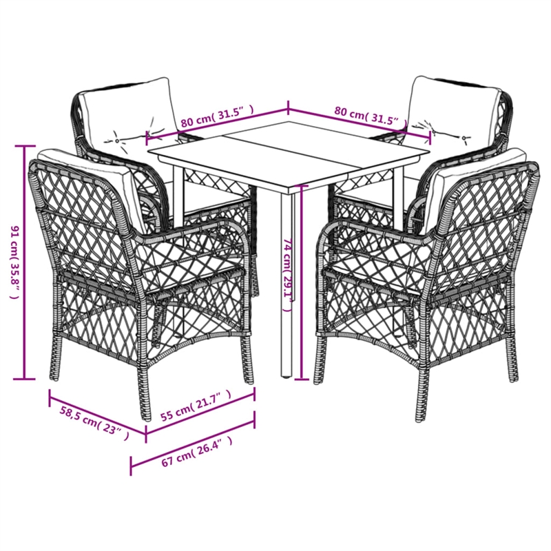Bowery Hill Contemporary 5 Piece Poly Rattan Garden Dining Set in Brown