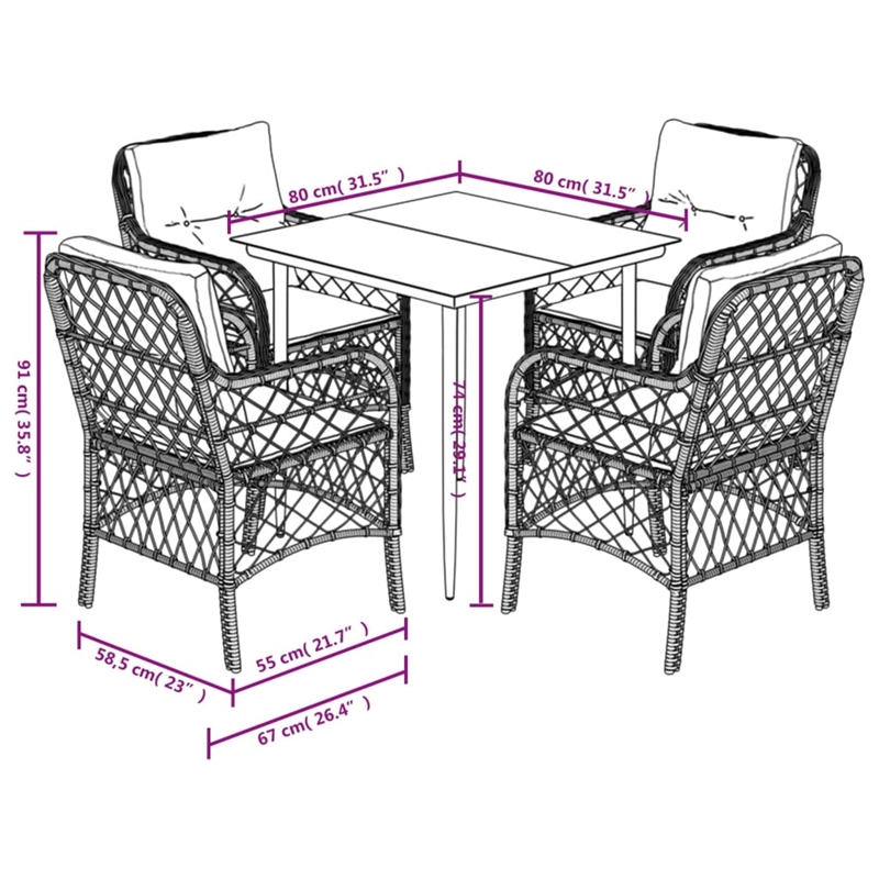 Bowery Hill Contemporary 5 Piece Poly Rattan Garden Dining Set in Beige