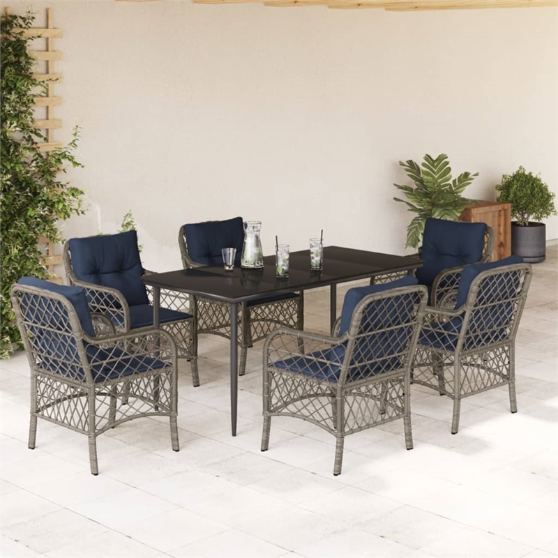 Bowery Hill Contemporary 7 Piece Poly Rattan Garden Dining Set in Gray