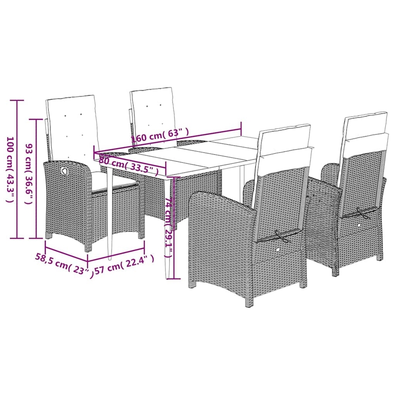 Bowery Hill 5 Piece Poly Rattan Garden Dining Set with Cushions in Gray