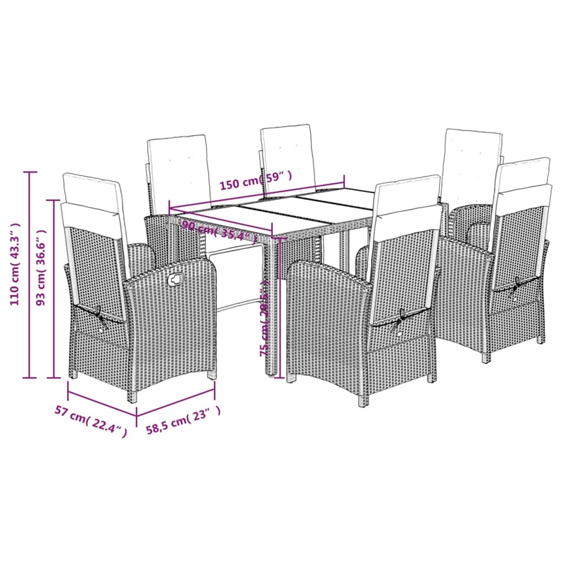 Bowery Hill Contemporary 7 Piece Poly Rattan Garden Dining Set in Gray