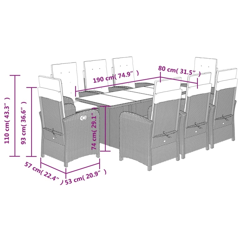 Bowery Hill Contemporary 9 Piece Poly Rattan Garden Dining Set in Gray