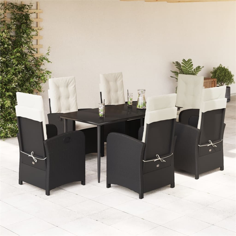 Bowery Hill 7 Piece Poly Rattan Garden Dining Set in Black/Cream White