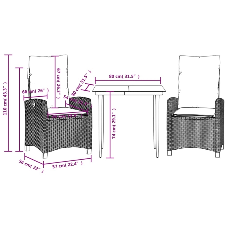 Bowery Hill Contemporary 3 Piece Poly Rattan Garden Dining Set in Black