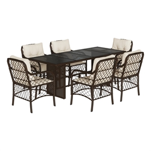 Bowery Hill 7 Piece Poly Rattan Garden Dining Set in Brown/Cream white