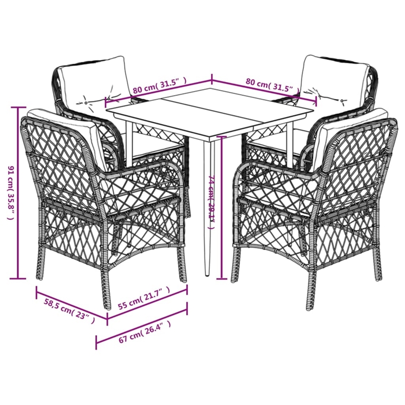 Bowery Hill Contemporary 5 Piece Poly Rattan Garden Dining Set in Black