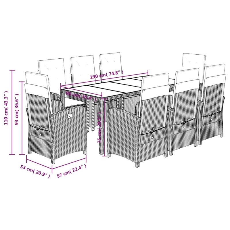 Bowery Hill 9 Piece Rattan Garden Dining Set in Black/Cream White