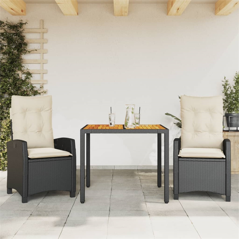 Bowery Hill 3 Piece Poly Rattan Garden Dining Set in Black/Cream White