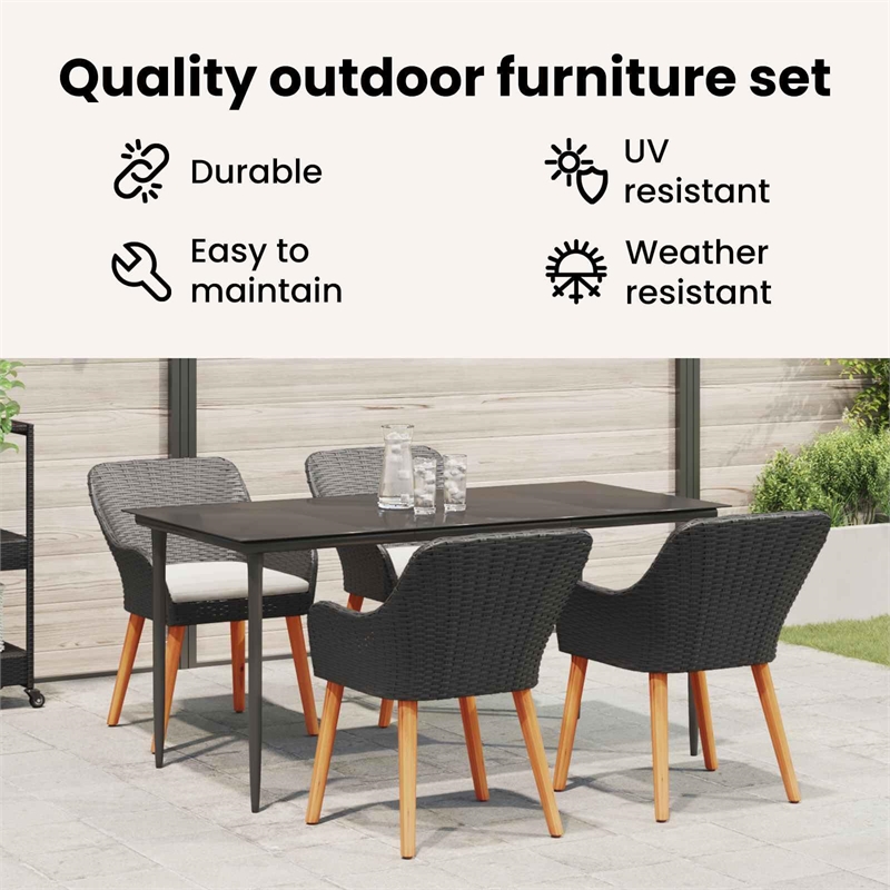 Bowery Hill 5 Piece Poly Rattan Garden Dining Set with Cushions in Black