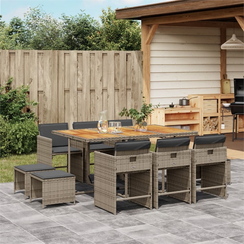 Bowery Hill Contemporary 11 Piece Poly Rattan Patio Dining Set in Gray