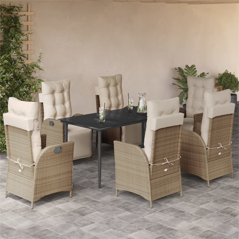 Bowery Hill 7 Piece Poly Rattan Garden Dining Set in Black/Cream White