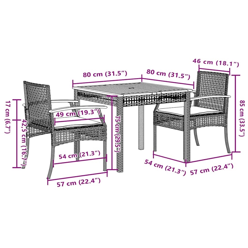 Bowery Hill 3 Piece Poly Rattan Garden Dining Set in Black/Cream White