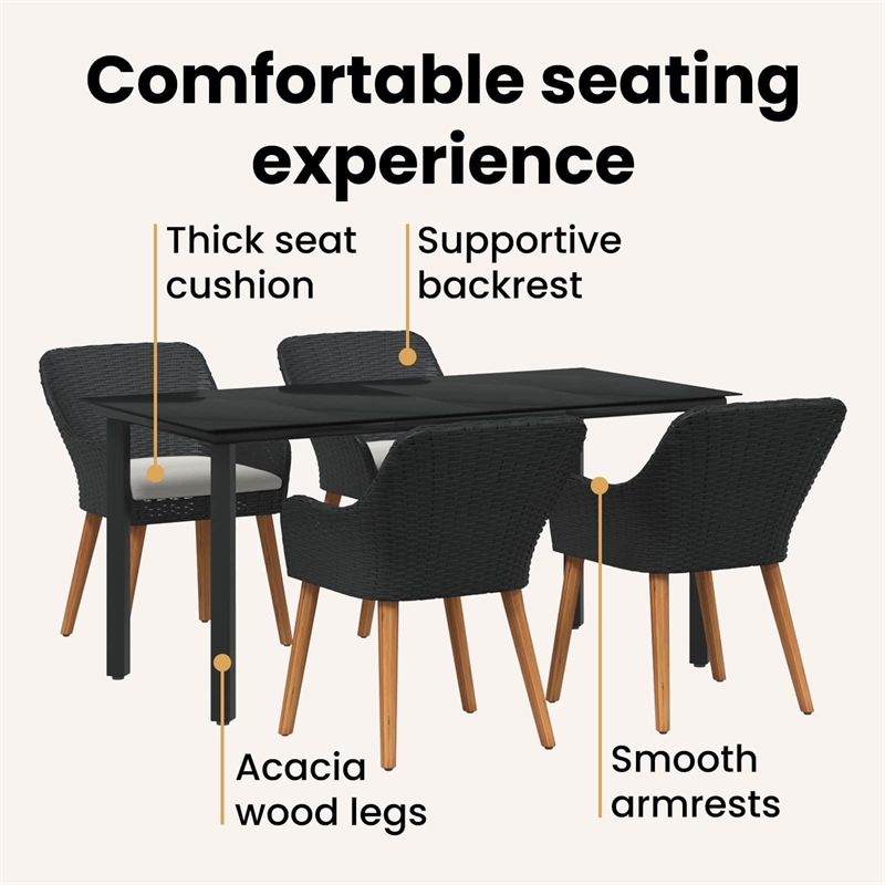 Bowery Hill 5 Piece Poly Rattan Garden Dining Set with Cushions in Black