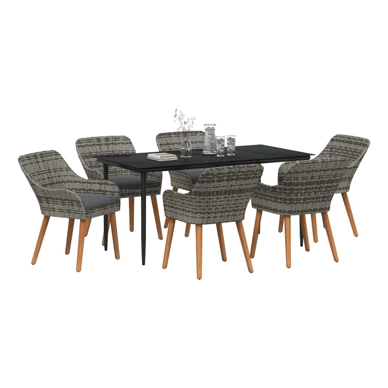 Bowery Hill 7 Piece Poly Rattan Garden Dining Set with Cushions in Gray