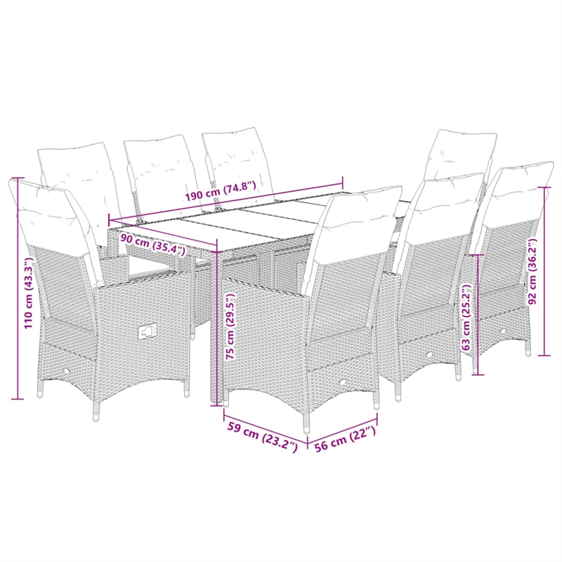 Bowery Hill Contemporary 9 Piece Poly Rattan Garden Dining Set in Black