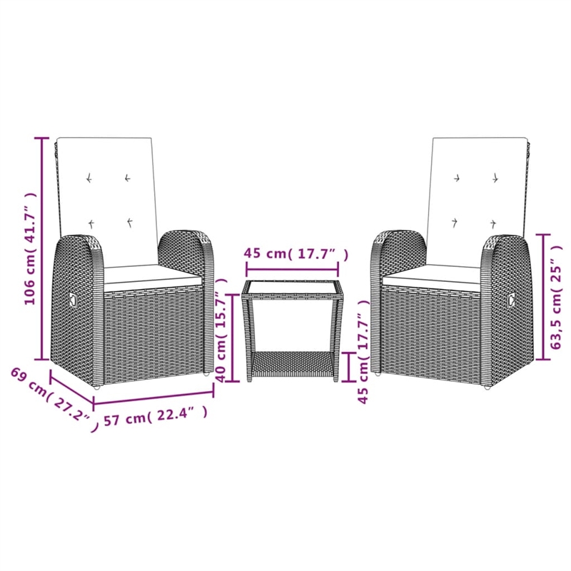 Bowery Hill Contemporary 3 Piece Poly Rattan Garden Dining Set in Black