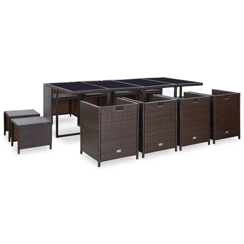 Bowery Hill Contemporary 13 Piece Rattan Garden Dining Set in Brown