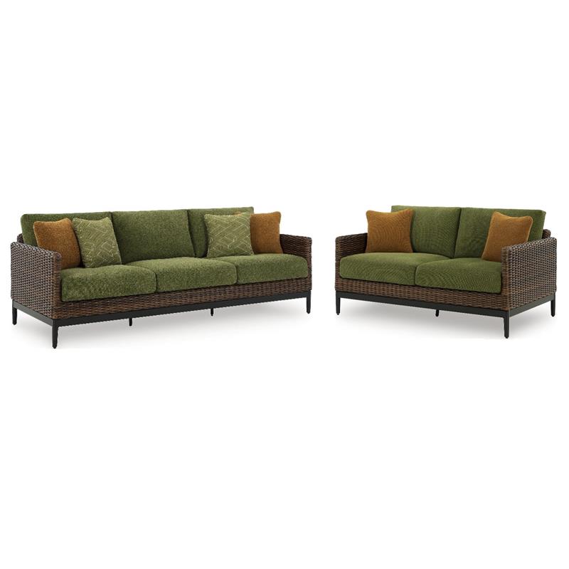Bowery Hill 2-Piece Outdoor Set of Loveseat and Sofa in Brown & Green