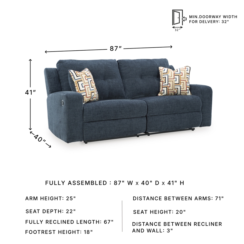 Bowery Hill Reclining Sofa and Loveseat Set in Blue Polyester